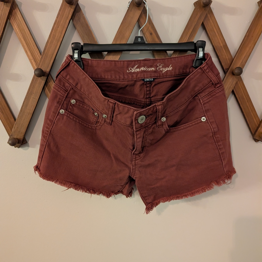 Burgundy Cut-Off Jean Shorts with Frayed Hem